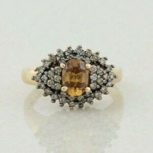 14k Yellow Gold Natural Golden Topaz and Fancy Champagne Diamond Ring Size 6